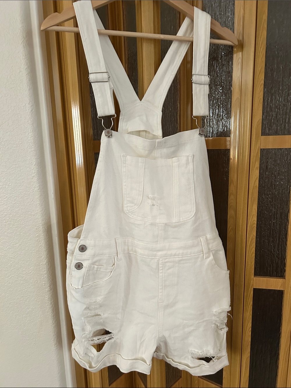 Source Unknown White Kids Distressed Denim Overall Shorts